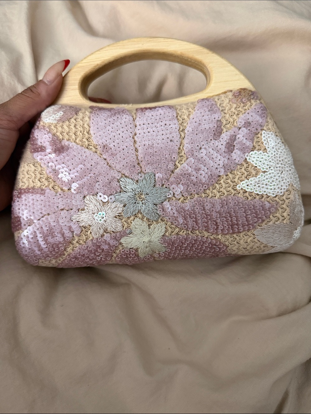Haute Hippie Pink Sequin Floral Clutch with Wooden Handle